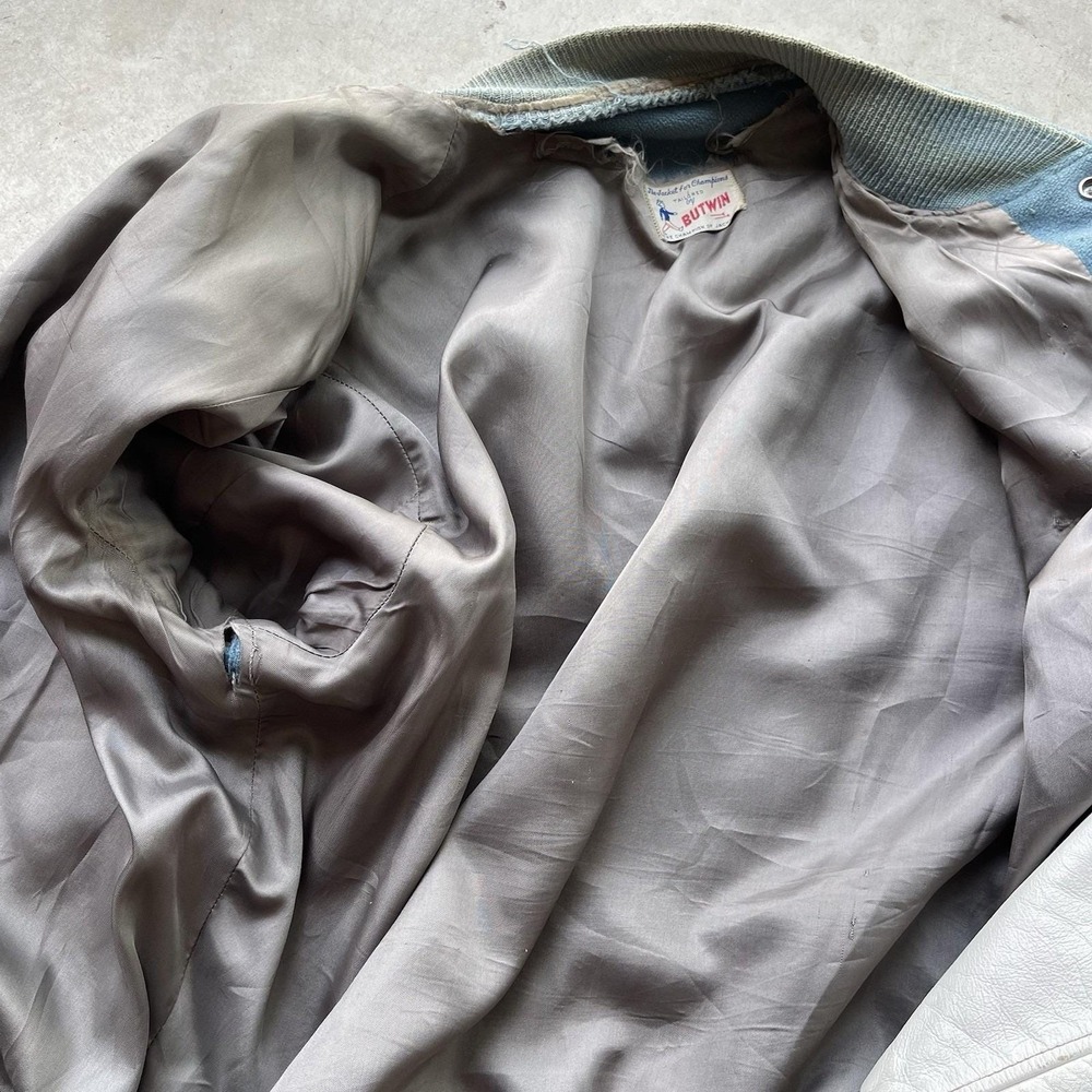 Vintage 60s Butwin Varsity Jacket Mens XL White Baby Blue Wool Leather Bomber - Picture 9 of 9